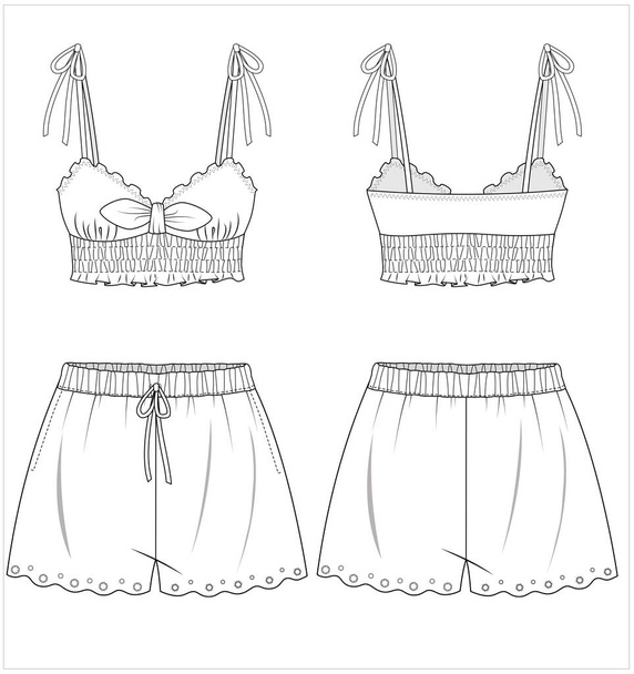 women cami top and shorts nightwear set for women in editable vector file, front and back view - Vektor, obrázek