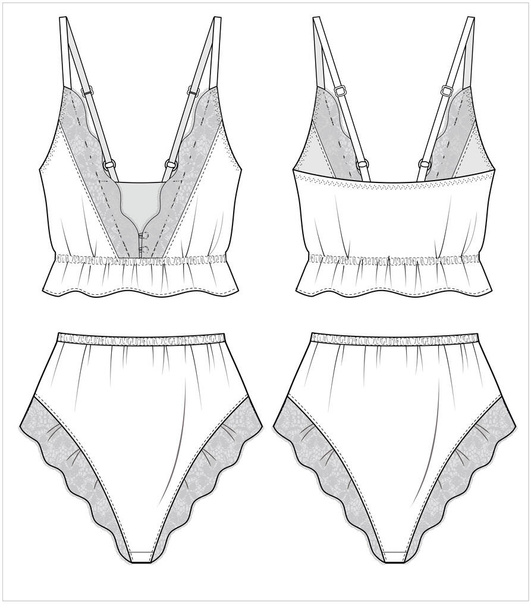 women cami top and shorts nightwear set for women in editable vector file, front and back view - Διάνυσμα, εικόνα
