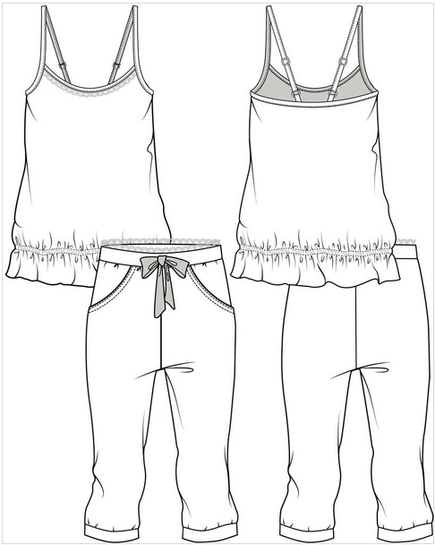 women tank and capri joggers nightwear set in editable vector file, front and back view - Vector, afbeelding