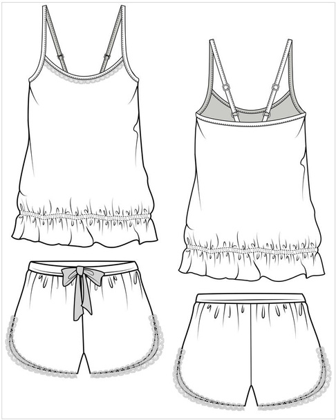 cami top and shorts nightwear set for women in editable vector file, front and back view - Vector, Image