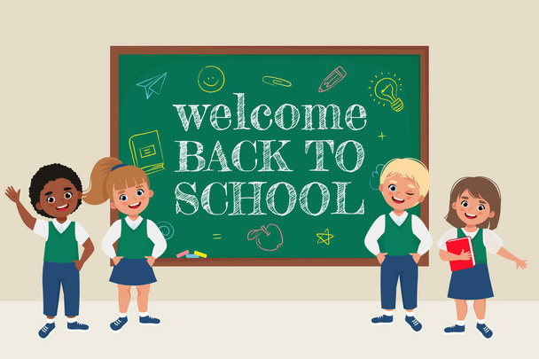 Schoolchildren at the blackboard. Back to school concept. Vector illustration - Vector, Image