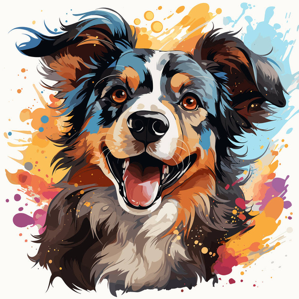 Κοντινό πλάνο του προσώπου του σκύλου με πολύχρωμες πιτσιλιές χρωμάτων. - Διάνυσμα, εικόνα