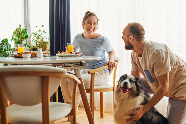 Positive woman in homewear sitting near breakfast and boyfriend with border collie at home - Fotografie, Obrázek