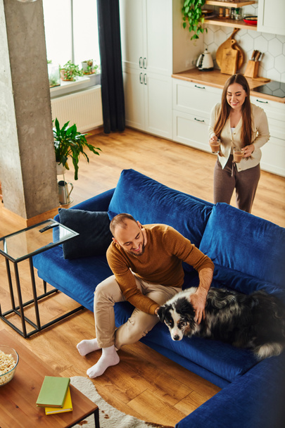 High angle view of smiling woman holding coffee while boyfriend petting border collie at home - Photo, Image