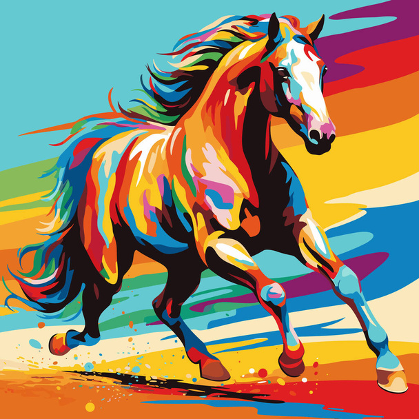 Pittura di cavallo che corre su campo colorato con cielo blu sullo sfondo. - Vettoriali, immagini