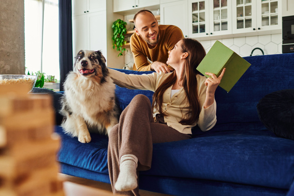 Smiling couple spending time with book and border collie dog on couch near popcorn in living room - Photo, Image