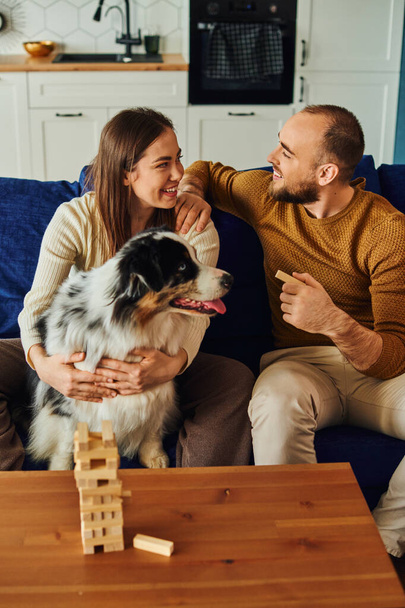 Joyful couple talking while spending time with wood blocks game and border collie at home - Φωτογραφία, εικόνα