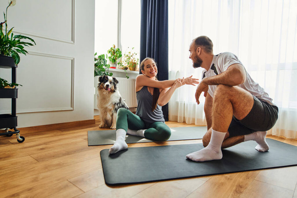 Smiling woman in sportswear warming up on fitness mat near boyfriend and border collie at home - Foto, Imagen