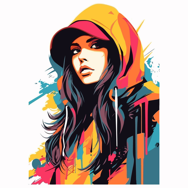 Woman with hoodie on and colorful paint splattered background. - Вектор, зображення