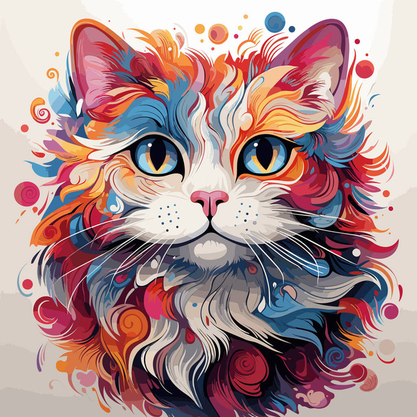 Colorful cat's face with blue eyes and multicolored hair. - Vector, Image