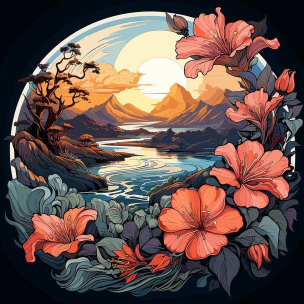 Painting of flowers in circle with lake and mountains in the background. - Vector, Image