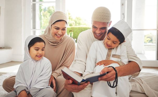 Happy family, Muslim parents or children reading book for learning, Islamic knowledge or studying in Allah or God. Support, dad or Arabic mom teaching kids worship, prayer or holy Quran at home. - Fotó, kép