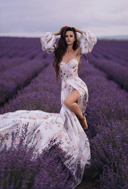 fashion outdoor photo of beautiful woman with dark hair in luxurious dress posing in blooming lavender field in Provence - Photo, image