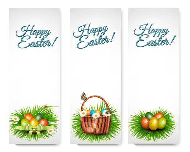 Three Happy Easter banners with easter eggs in a basket and grre - Vector, Imagen