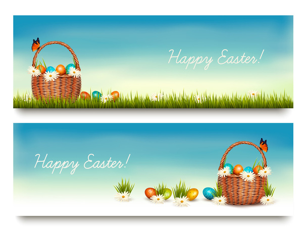 Two Happy Easter banners with easter eggs in a basket. Vector. - Vektor, Bild