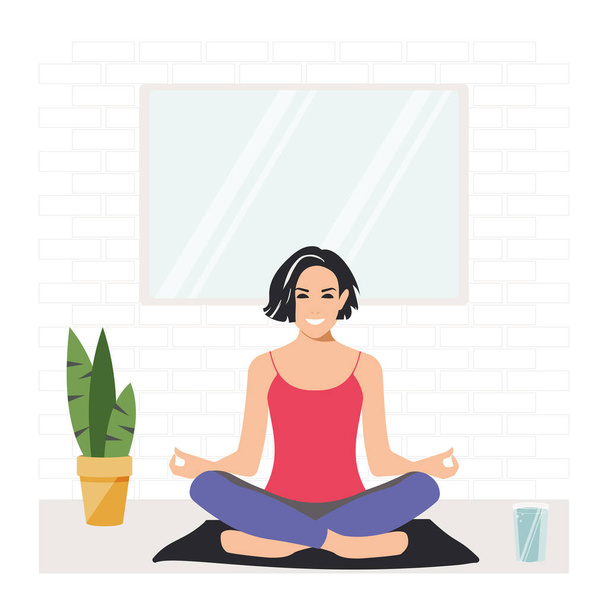 Donna seduta in posizione di loto che pratica la meditazione. Lezione pratica di yoga. Design in stile piatto. La giovane bellezza bruna è felice e si sente benissimo. Vettore. - Vettoriali, immagini