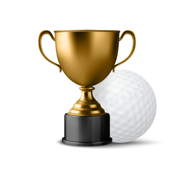 Realistic Vector 3d Golden Champion Cup Icon with Golf Ball Set Isolated on White Background. Design Template of Championship Trophy. Sport Tournament Award, Gold Winner Cup and Victory Concept. - Vecteur, image