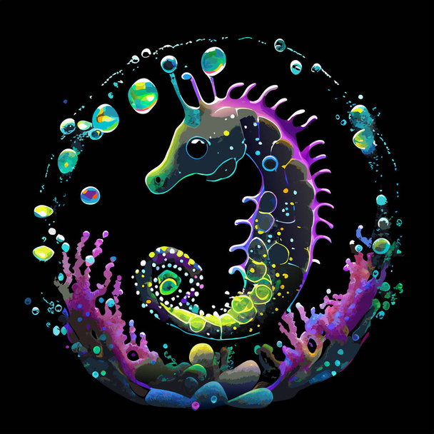 An artistic illustration of a underwater marine life scene with a baby seahorse and sea fauna. - Vettoriali, immagini