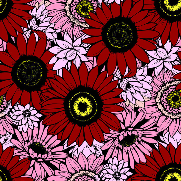 naadloos patroon van grote veelkleurige grafische bloemen, textuur, design - Vector, afbeelding