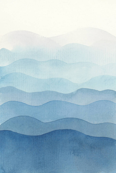 Ink Wave watercolor hand drawn strip blue stain blot painting. Paper texture background. - Fotó, kép