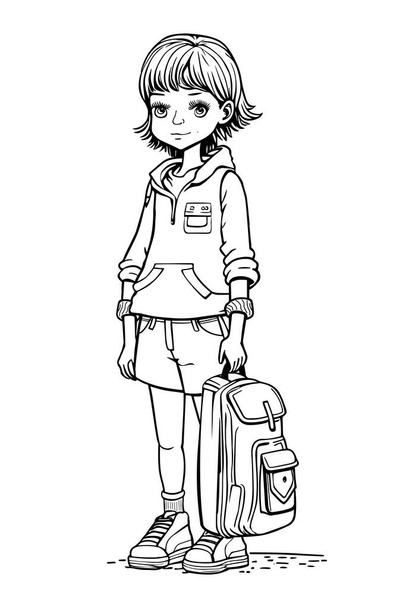 Lindo adolescente sosteniendo una página para colorear mochila. De vuelta al concepto escolar. Ilustración vectorial - Vector, imagen