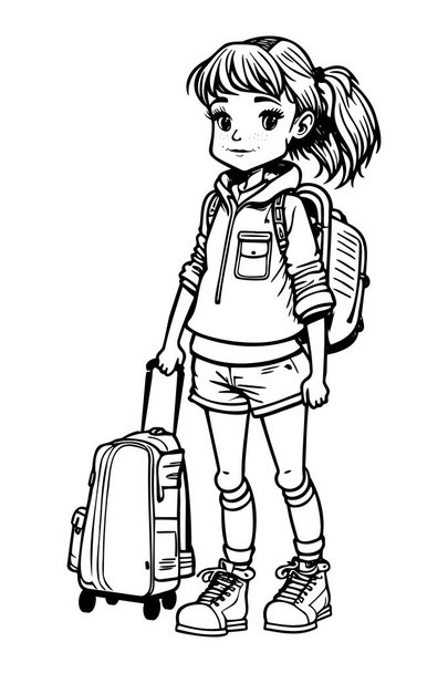 Çanta ve sırt çantası boyama sayfası taşıyan mutlu bir gezgin kız. Vektör illüstrasyonu - Vektör, Görsel