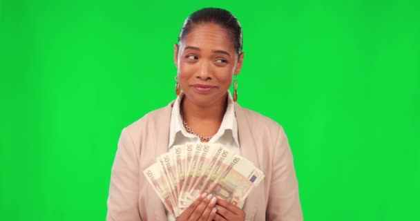 Money, risk and woman on green screen in gambling problem, lottery mistake or savings, investment or payment. Cash, loan and decision of business person thinking, finance choice and studio background. - Séquence, vidéo