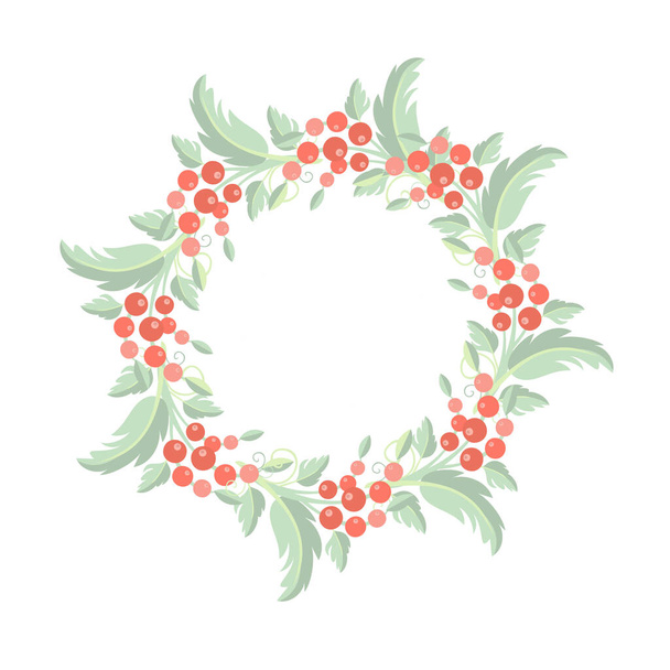 Wreath from with red fruits and green leaves branch stock vector illustration for web, for print, nature frame - Fotoğraf, Görsel