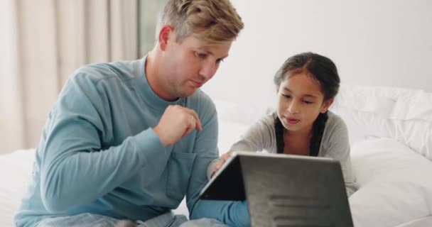 Happy, tablet and father with daughter in bedroom for streaming, website and social media. Relax, elearning and technology with man and child in family home for games, internet and communication. - Footage, Video