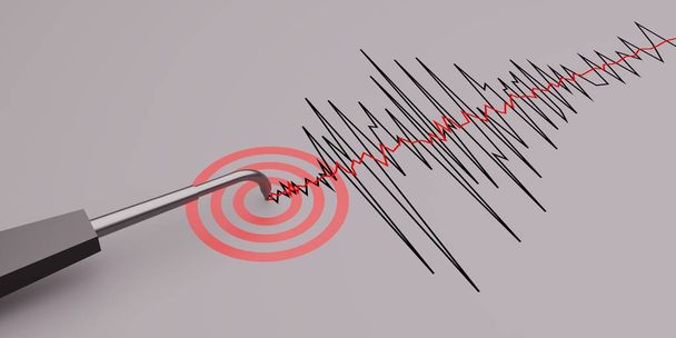 Seismograph with blank paper in action and earthquake and signal symbol location- 3D Rendering - Foto, imagen