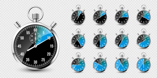 Realistic classic stopwatch. Shiny metal chronometer, time counter with dial. Blue countdown timer showing minutes and seconds. Time measurement for sport, start and finish. Vector illustration. - Wektor, obraz