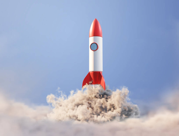 Rocket with smoke flying in blue sky - Фото, изображение