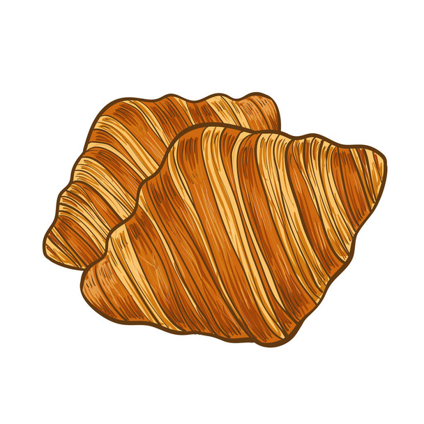 Szkic dłoni Croissanta. Wektor ręcznie rysowane croissant ikona plakietka piekarnia do projektowania menu kawiarnia, Wektor ilustracji. - Wektor, obraz