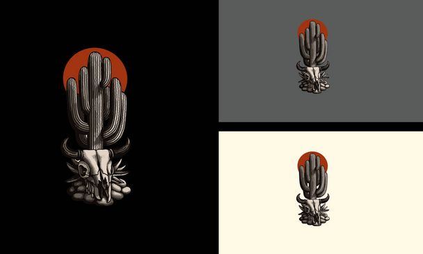 hlava lebka kráva a kaktus vektor maskot design - Vektor, obrázek