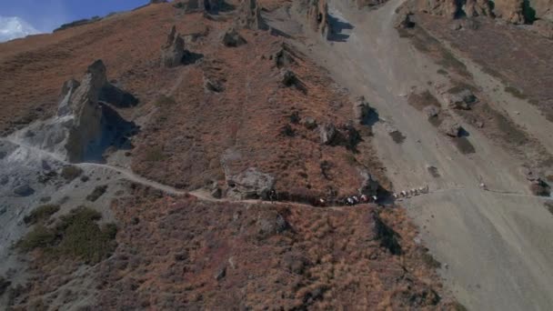 Pohled z ptačí perspektivy na oslí kočár s nepálskými šerpy na stezce základního tábora Tilicho ve vysokohorském pohoří Himalája. Annapurna circuit trek, Sherpas lifestyle concept. - Záběry, video