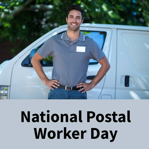 Composition of national postal worker day text over happy caucasian delivery man by van. National postal worker day, shipping, delivering and postal services concept digitally generated image. - Fotó, kép