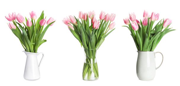 Collage of stylish vases with beautiful tulip bouquets on white background - 写真・画像