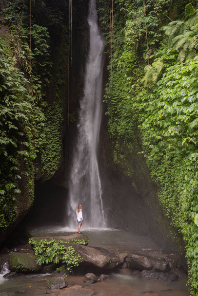Travel lifestyle. Young traveler woman at waterfall in tropical forest. Leke Leke waterfall, Bali, Indonesia - 写真・画像