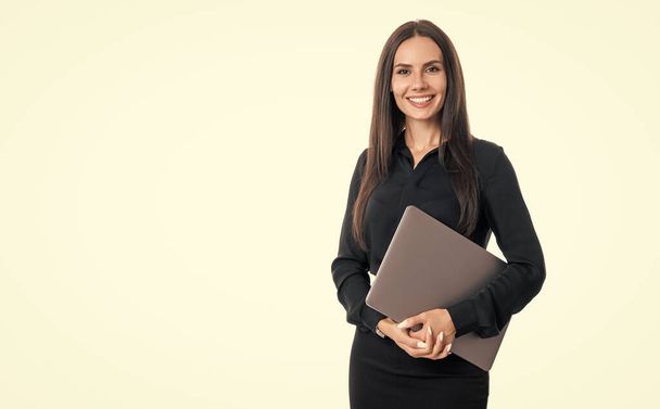 Happy smiling professional woman businesswoman ceo boss manager assistant holding laptop in business formalwear studio isolated on white, copy space. - Foto, immagini