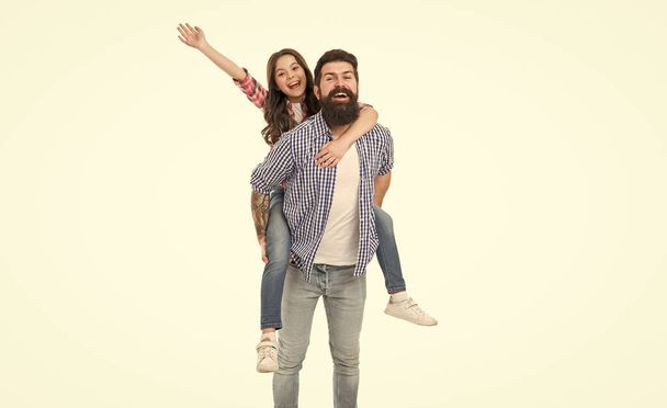 Fathers day. Father example noble human. Father little daughter. Best friends. Dad strong piggybacking adorable child. Having fun. Happiness being father of girl. Holiday celebration. Active leisure. - Фото, изображение