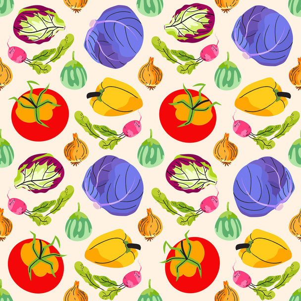 Vegetables seamless pattern. Flat colorful cabbage, tomato, pepper and eggplant background for farmers market, vegan menu, print, kitchen textile - Вектор,изображение