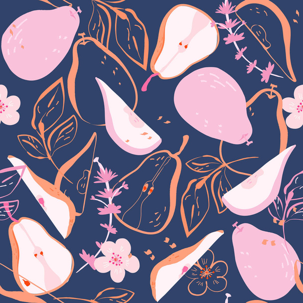 Pear Fruits and leaves outline Seamless Pattern. Summer hand drawn juicy vector illustration on dark blue background for greeting card, fabric, kitchen textile, wallpaper or wrapping paper - Vector, Image