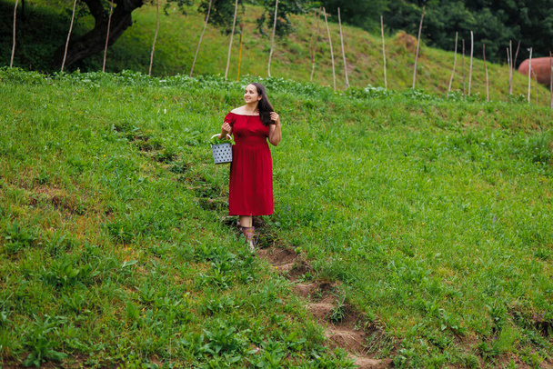 Eine Frau im roten Kleid mit einem Korb auf der Hand geht die Treppe hinunter, ein Korb mit Salatgemüse, das Konzept der gesunden Ernährung. - Foto, Bild