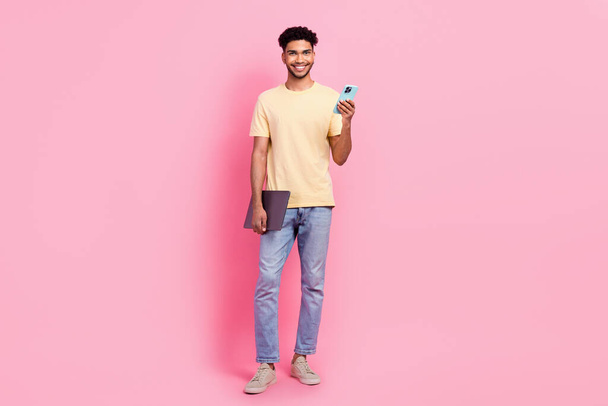 Full length size photo of young guy seo company copywriter content manager use all his gadgets for job isolated on pink color background. - Фото, зображення
