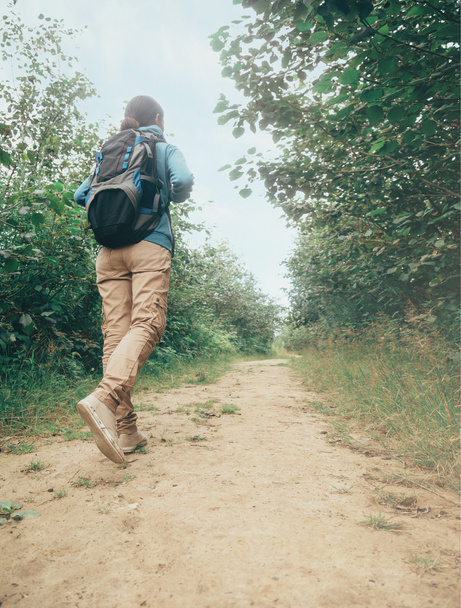 Hiker woman walking on path in forest - Fotó, kép