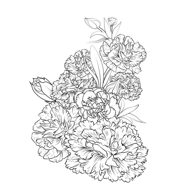 outline sketch of a bouquet of flowers. vector illustration for greeting card or invitation. - Vektör, Görsel