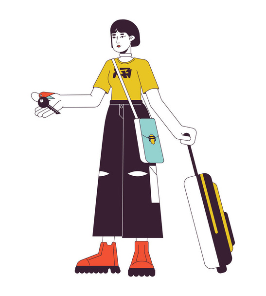 Female traveler holding hotel room key flat line color vector character. Editable outline full body person on white. Asian tourist with baggage simple cartoon spot illustration for web graphic design - Вектор,изображение
