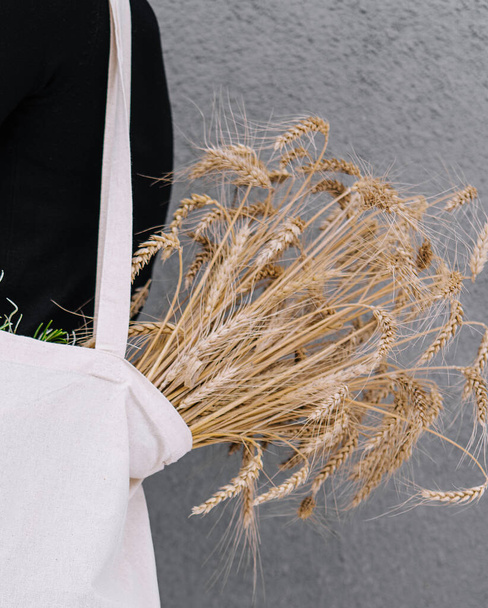 Young girl holding a cloth bag with ears of wheat - Foto, Imagen