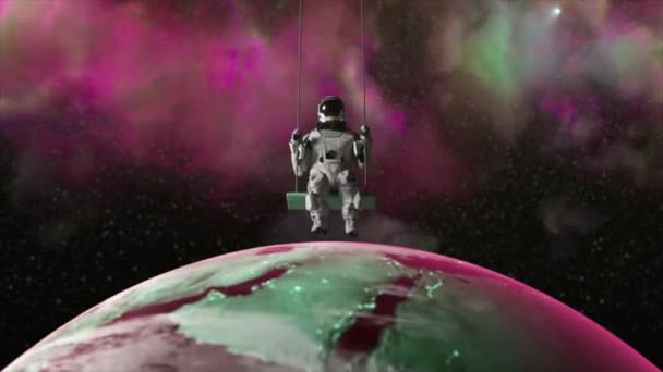  Concepto espacial. Astronauta Swinging. Nubes de neón púrpura en el fondo. Silueta cosmonauta aislada. animación 3d de un bucle sin costuras.  - Imágenes, Vídeo