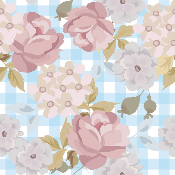 Bouquet de roses avec des fleurs florales botaniques sur fond plaid pour tissu imprimé textile motif papier peint - Photo, image